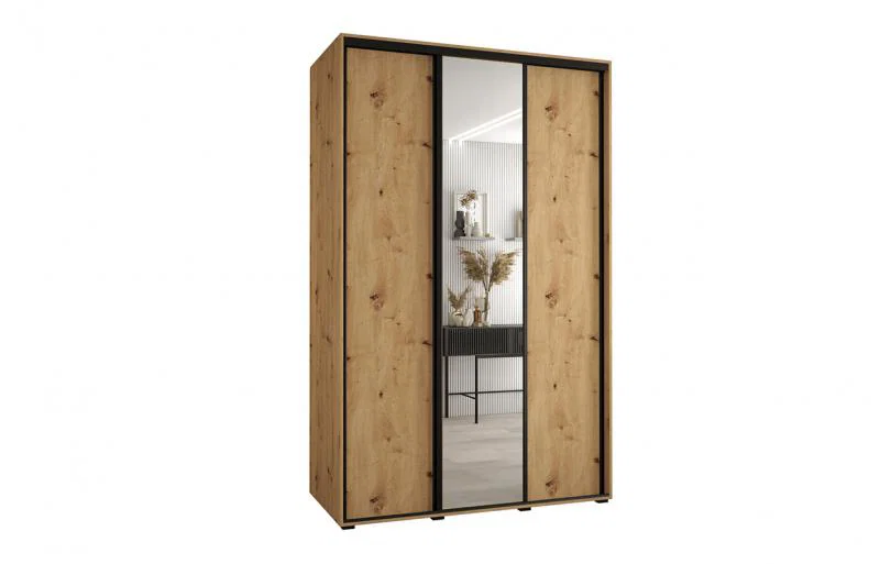 Šatníková skriňa s posuvnými dverami a zrkadlom DAVOS 160cm | DUB Artisan / čierne pojazdy
