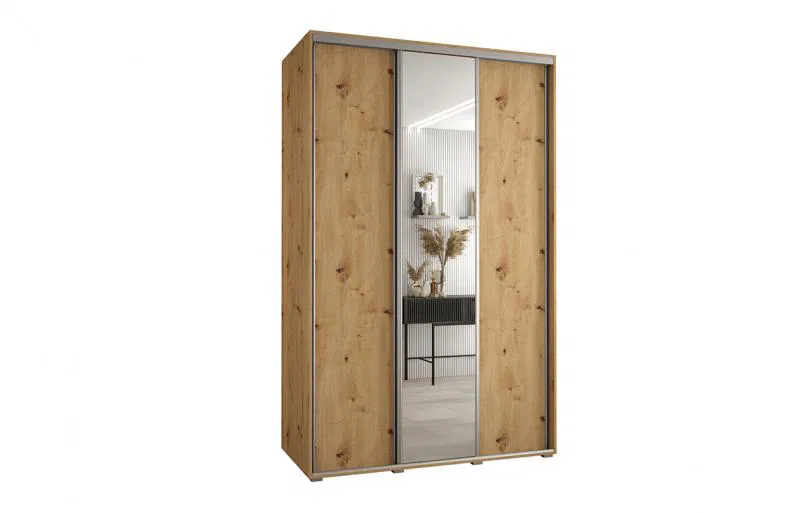 Šatníková skriňa s posuvnými dverami a zrkadlom DAVOS 160cm | DUB Artisan / strieborné pojazdy