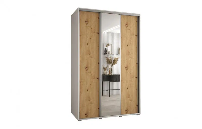 Šatníková skriňa s posuvnými dverami a zrkadlom DAVOS 160cm | Biela / DUB Artisan / strieborné