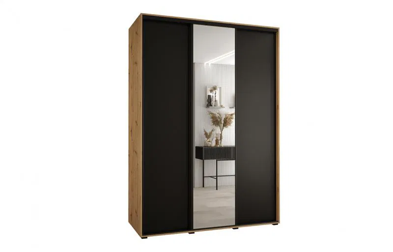 Šatníková skriňa s posuvnými dverami a zrkadlom DAVOS 170cm | DUB Artisan / čierna / čierne pojazdy