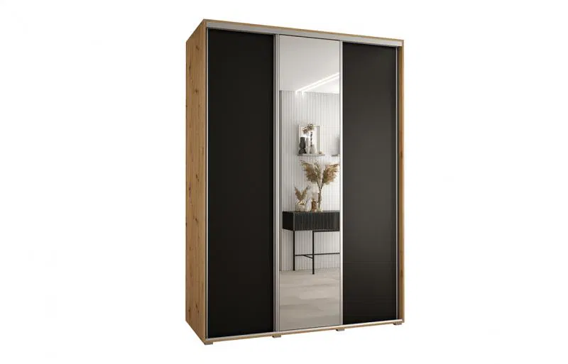 Šatníková skriňa s posuvnými dverami a zrkadlom DAVOS 170cm | DUB Artisan / čierna / strieborné