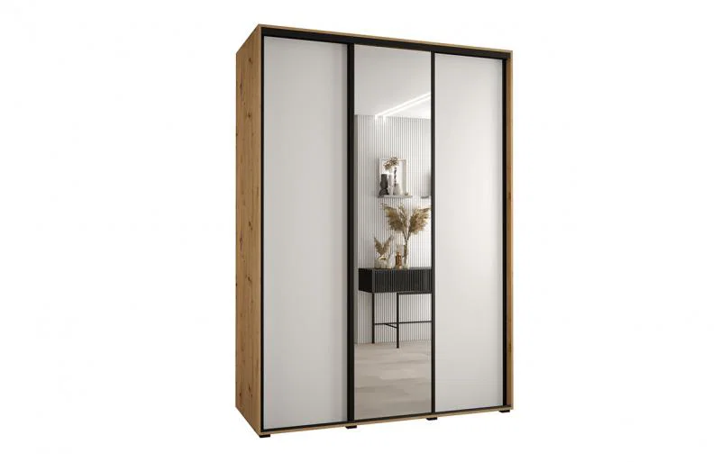 Šatníková skriňa s posuvnými dverami a zrkadlom DAVOS 170cm | DUB Artisan / biela / čierne pojazdy