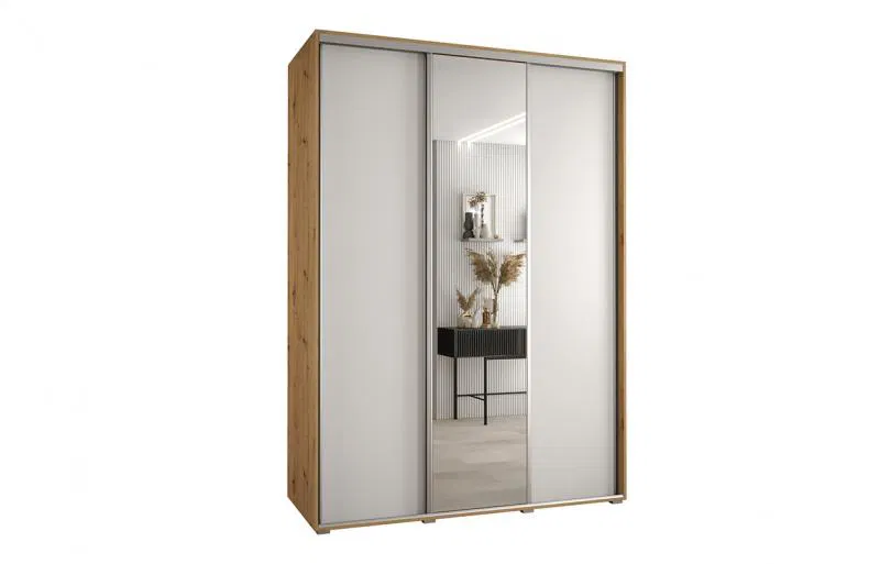 Šatníková skriňa s posuvnými dverami a zrkadlom DAVOS 170cm | DUB Artisan / biela / strieborné