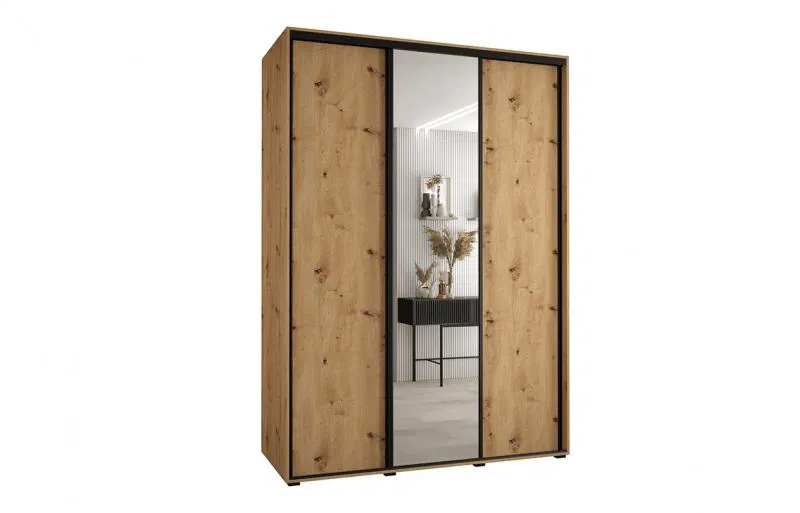 Šatníková skriňa s posuvnými dverami a zrkadlom DAVOS 170cm | DUB Artisan / čierne pojazdy
