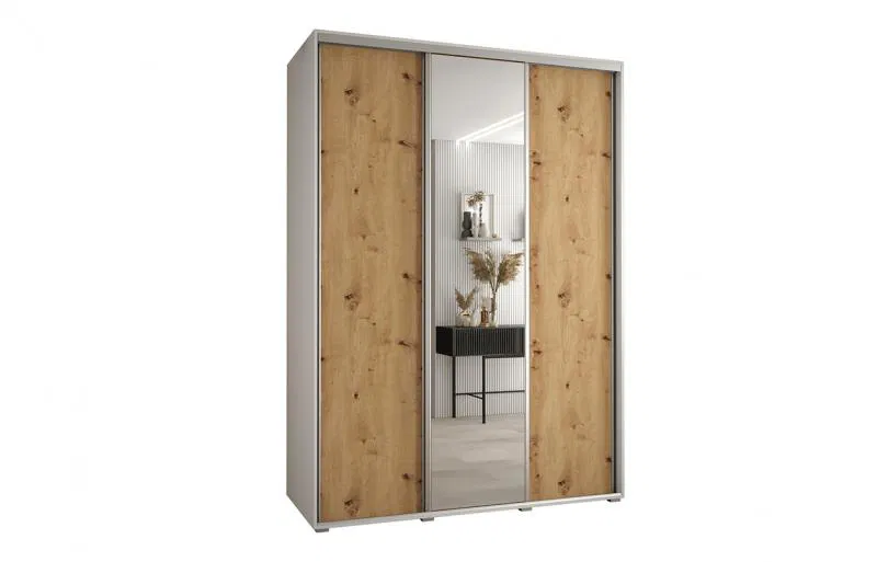 Šatníková skriňa s posuvnými dverami a zrkadlom DAVOS 170cm | Biela / DUB Artisan / strieborné
