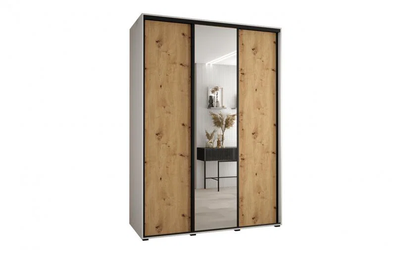 Šatníková skriňa s posuvnými dverami a zrkadlom DAVOS 170cm | Biela / DUB Artisan / čierne pojazdy