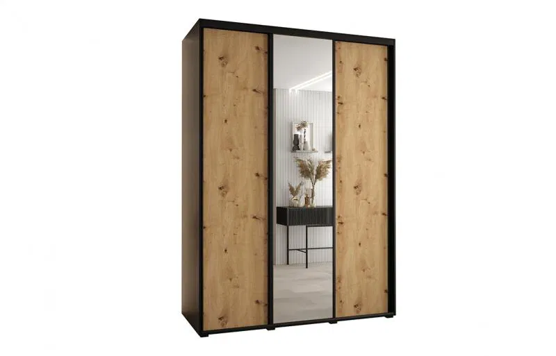 Šatníková skriňa s posuvnými dverami a zrkadlom DAVOS 170cm | Čierna / DUB Artisan / čierne pojazd