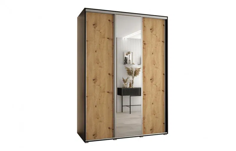 Šatníková skriňa s posuvnými dverami a zrkadlom DAVOS 170cm | Čierna / DUB Artisan / strieborné