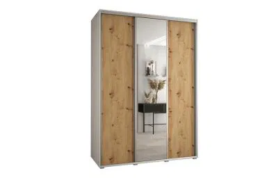 Šatníková skriňa s posuvnými dverami a zrkadlom DAVOS 180cm | Biela / DUB Artisan / strieborné