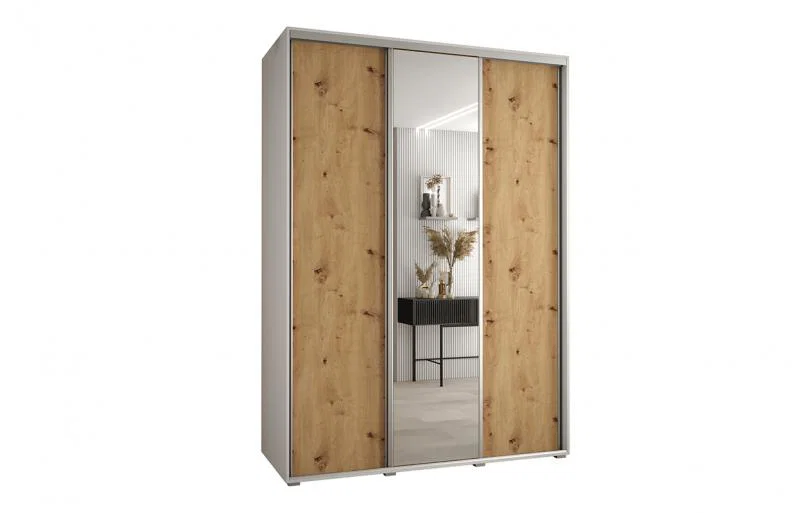 Šatníková skriňa s posuvnými dverami a zrkadlom DAVOS 180cm | Biela / DUB Artisan / strieborné