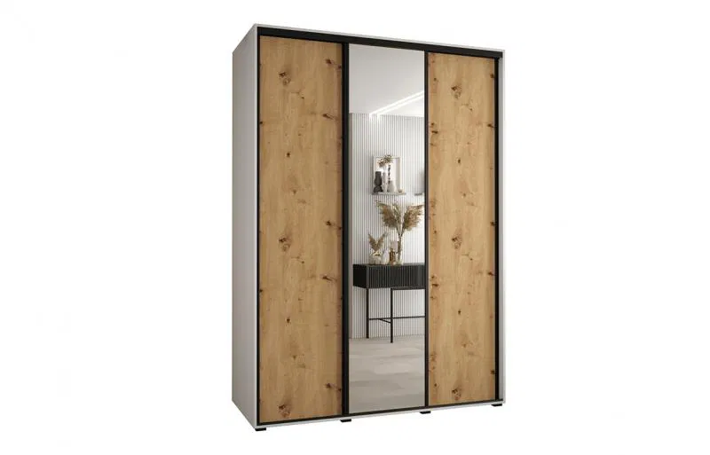 Šatníková skriňa s posuvnými dverami a zrkadlom DAVOS 180cm | Biela / DUB Artisan / čierne pojazdy