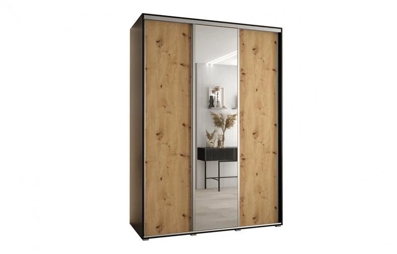 Šatníková skriňa s posuvnými dverami a zrkadlom DAVOS 180cm | Čierna / DUB Artisan / strieborné
