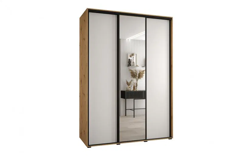 Šatníková skriňa s posuvnými dverami a zrkadlom DAVOS 180cm | DUB Artisan / biela / čierne pojazdy
