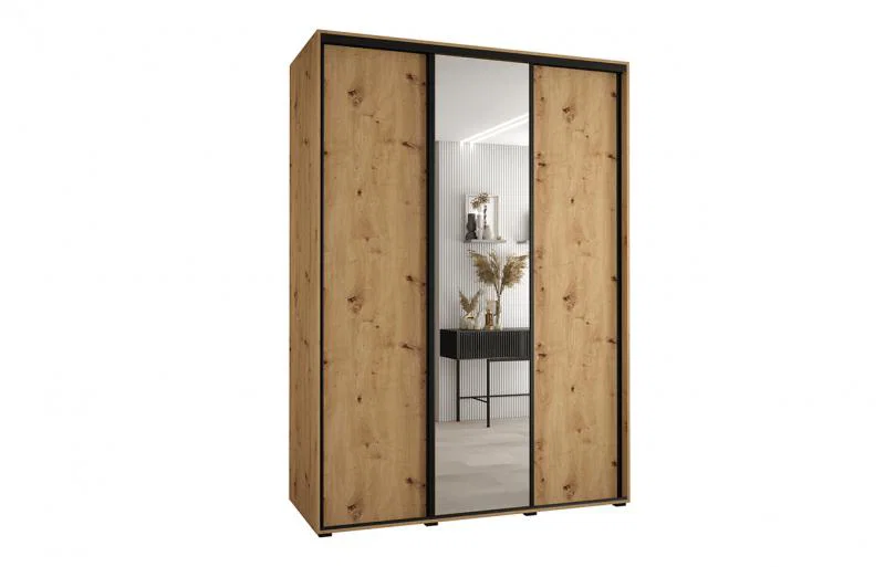 Šatníková skriňa s posuvnými dverami a zrkadlom DAVOS 180cm | DUB Artisan / čierne pojazdy