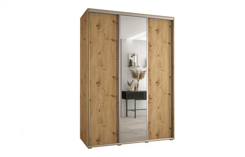 Šatníková skriňa s posuvnými dverami a zrkadlom DAVOS 180cm | DUB Artisan / strieborné pojazdy