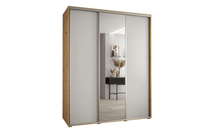 Šatníková skriňa s posuvnými dverami a zrkadlom DAVOS 190cm | DUB Artisan / biela / strieborné