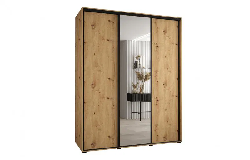 Šatníková skriňa s posuvnými dverami a zrkadlom DAVOS 190cm | DUB Artisan / čierne pojazdy