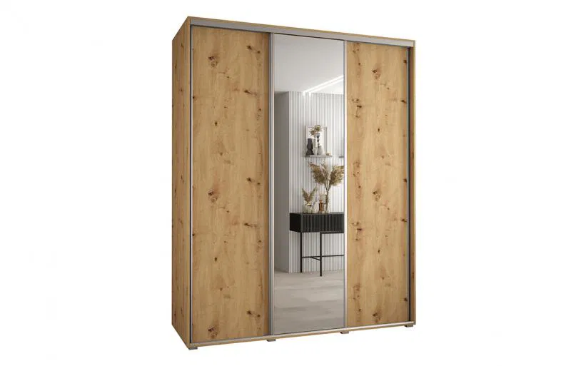 Šatníková skriňa s posuvnými dverami a zrkadlom DAVOS 190cm | DUB Artisan / strieborné pojazdy