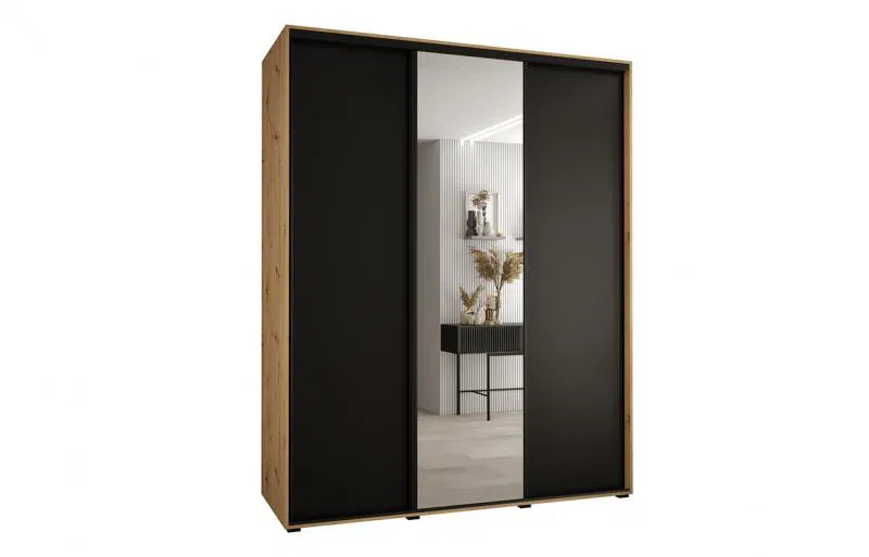 Šatníková skriňa s posuvnými dverami a zrkadlom DAVOS 190cm | DUB Artisan / čierna / čierne pojazd