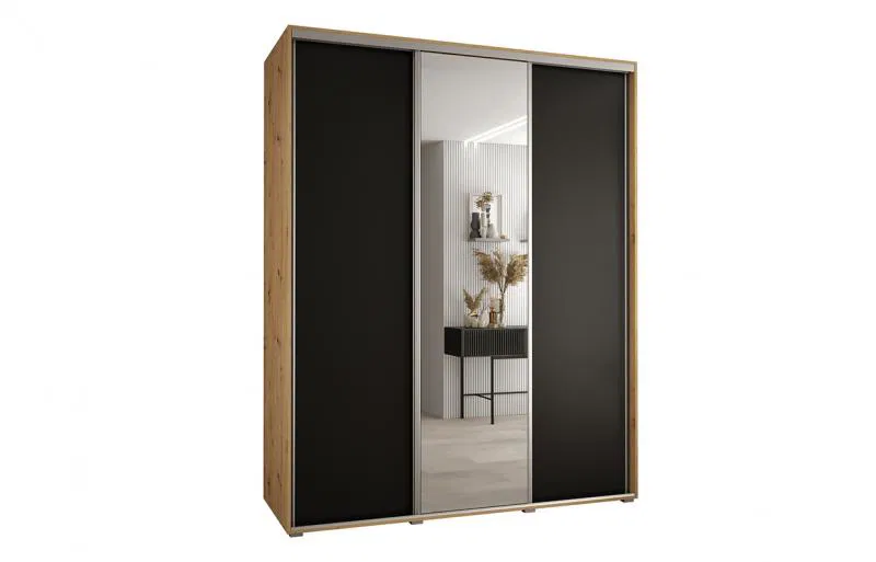 Šatníková skriňa s posuvnými dverami a zrkadlom DAVOS 190cm | DUB Artisan / čierna / strieborné