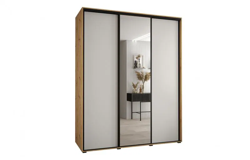 Šatníková skriňa s posuvnými dverami a zrkadlom DAVOS 190cm | DUB Artisan / biela / čierne pojazdy