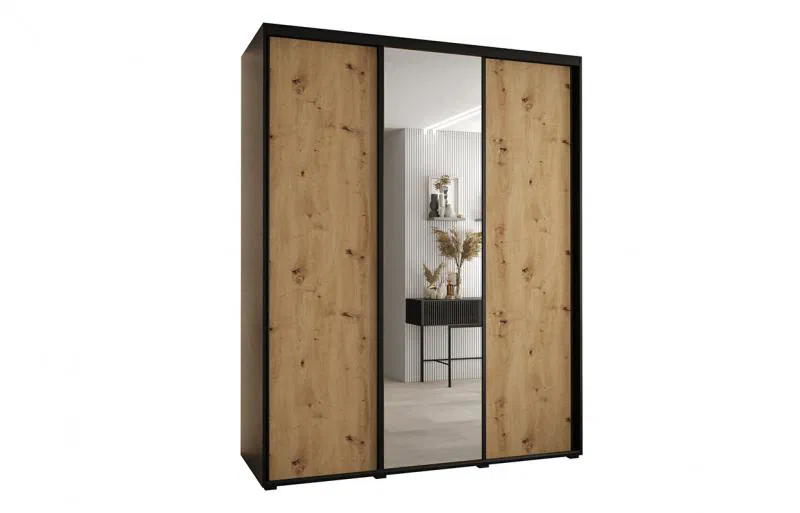 Šatníková skriňa s posuvnými dverami a zrkadlom DAVOS 190cm | Čierna / DUB Artisan / čierne pojazd
