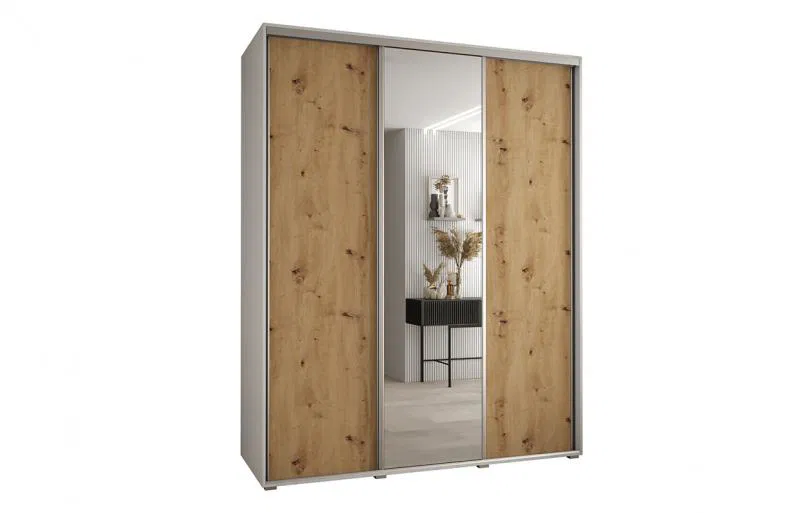 Šatníková skriňa s posuvnými dverami a zrkadlom DAVOS 190cm | Biela / DUB Artisan / strieborné