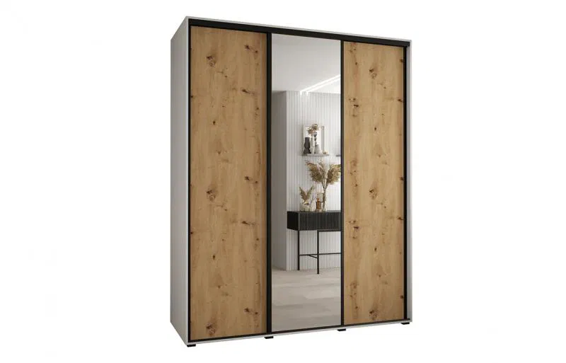 Šatníková skriňa s posuvnými dverami a zrkadlom DAVOS 190cm | Biela / DUB Artisan / čierne pojazdy