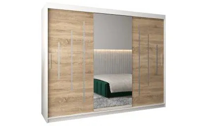 Šatníková skriňa s posuvnými dverami a zrkadlom YORK - 250x200cm Biela-Dub Sonoma
