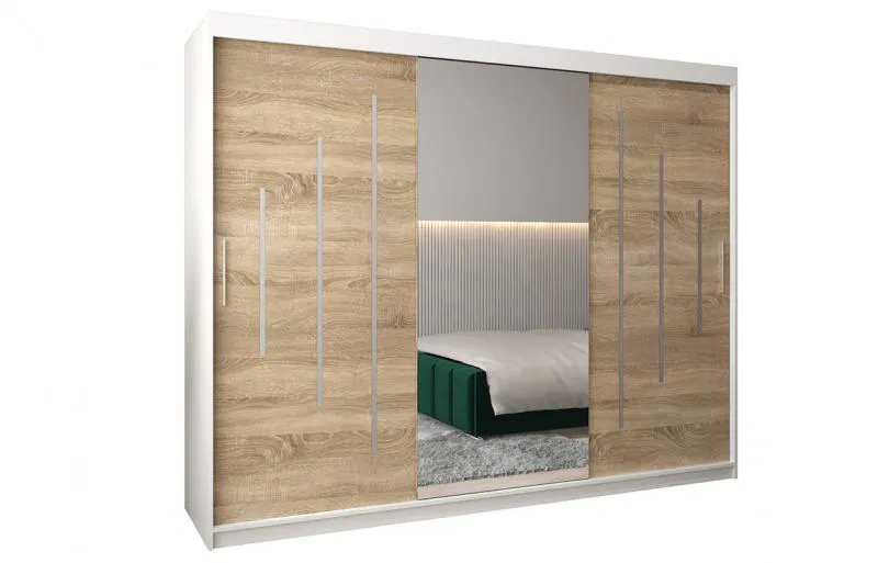 Šatníková skriňa s posuvnými dverami a zrkadlom YORK - 250x200cm Biela-Dub Sonoma