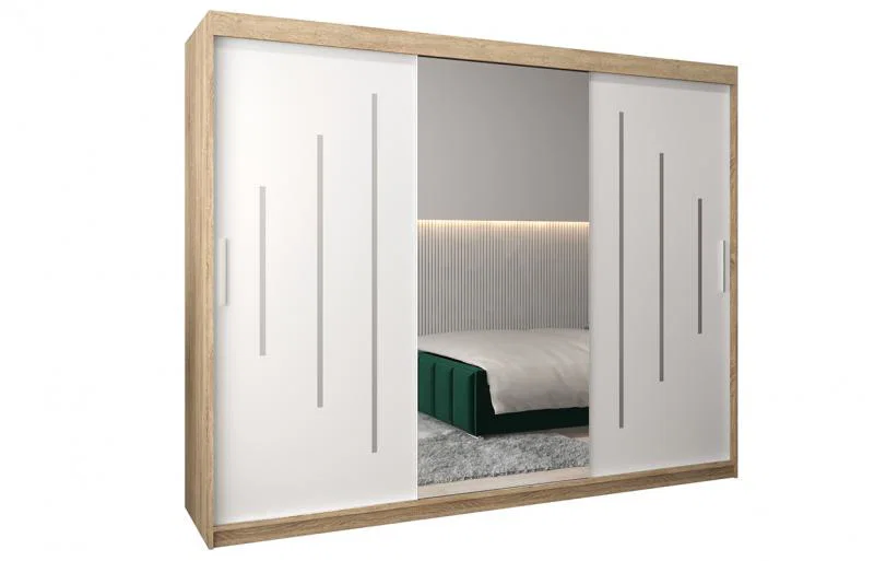 Šatníková skriňa s posuvnými dverami a zrkadlom YORK - 250x200cm Dub Sonoma-Biela
