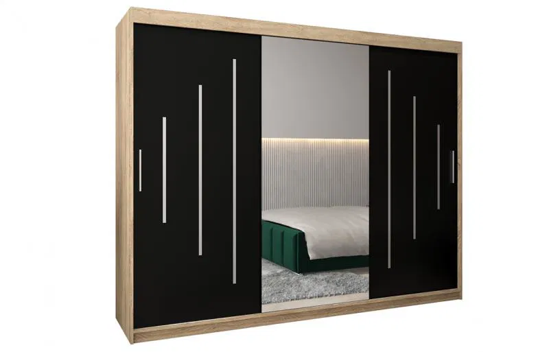 Šatníková skriňa s posuvnými dverami a zrkadlom YORK - 250x200cm Dub Sonoma-Čierna