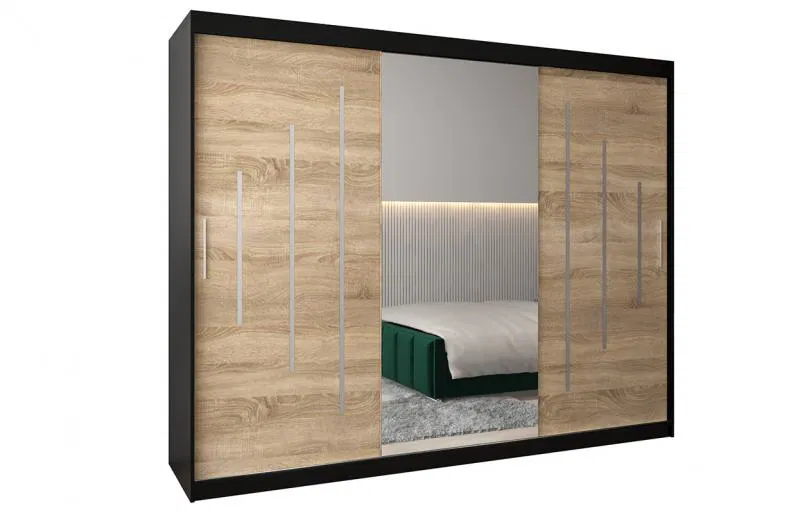 Šatníková skriňa s posuvnými dverami a zrkadlom YORK - 250x200cm Čierna-Dub Sonoma