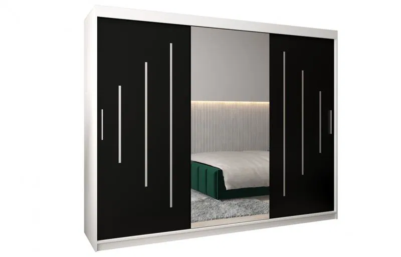 Šatníková skriňa s posuvnými dverami a zrkadlom YORK1 - 250x200cm Biela-Čierna