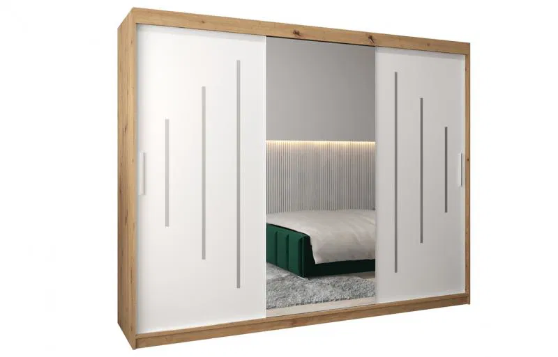 Šatníková skriňa s posuvnými dverami a zrkadlom YORK1 - 250x200cm Dub Artisan-Biela