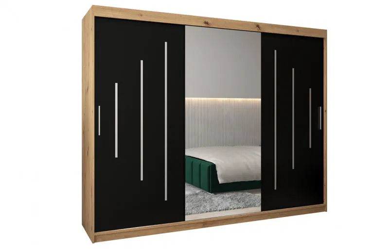 Šatníková skriňa s posuvnými dverami a zrkadlom YORK1 - 250x200cm Dub Artisan-Čierna