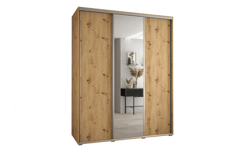 Šatní skříň s posuvnými dveřmi a zrkadlem DAVOS 200cm | DUB Artisan / stříbrné pojezdy