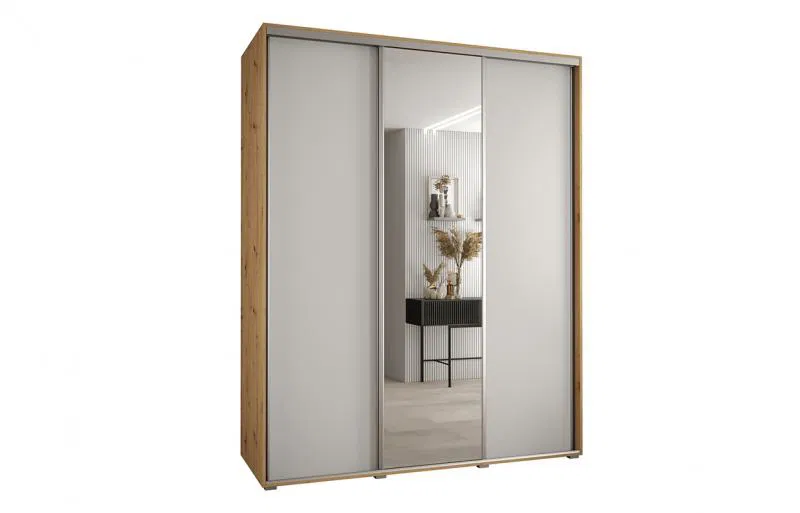 Šatníková skriňa s posuvnými dverami a zrkadlom DAVOS 200cm | DUB Artisan / biela / strieborné