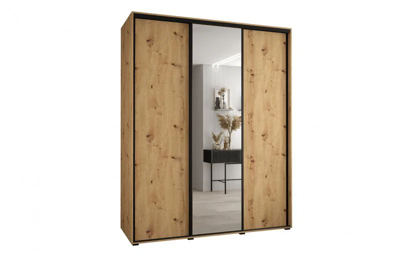 Šatníková skriňa s posuvnými dverami a zrkadlom DAVOS 200cm | DUB Artisan / čierne pojazdy