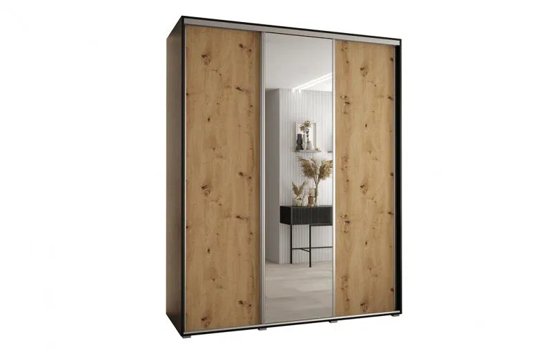 Šatníková skriňa s posuvnými dverami a zrkadlom DAVOS 200cm | Čierna / DUB Artisan / strieborné