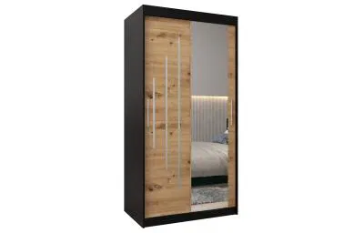 Šatníková skriňa s posuvnými dverami a zrkadlom YORK2 - 100x200cm Čierna-Dub Artisan