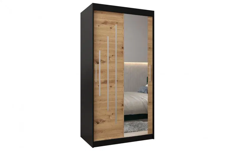 Šatníková skriňa s posuvnými dverami a zrkadlom YORK2 - 100x200cm Čierna-Dub Artisan