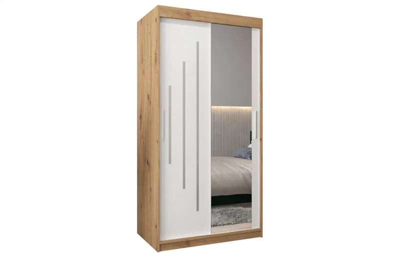 Šatníková skriňa s posuvnými dverami a zrkadlom YORK2 - 100x200cm Dub Artisan-Biala