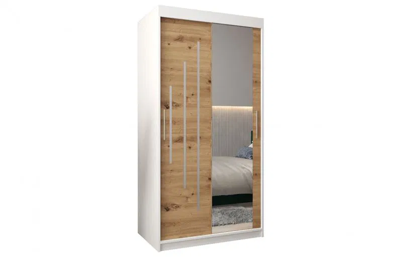 Šatníková skriňa s posuvnými dverami a zrkadlom YORK2 - 100x200cm Biala-Dub Artisan