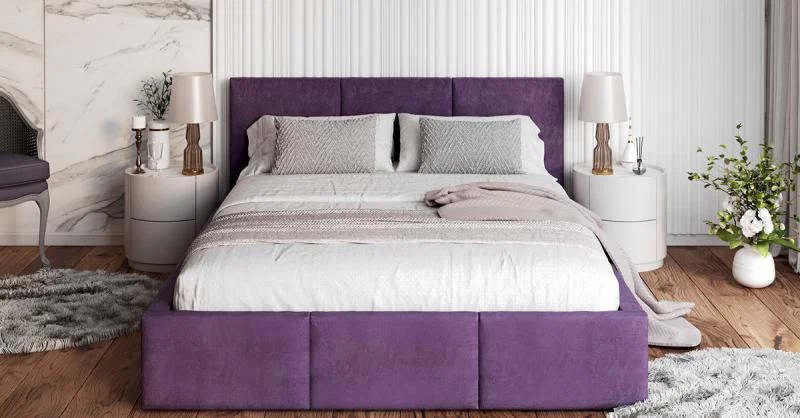 Čalúnená posteľ AMBER 120x200 Fialová Trinity s úložným priestorom a dreveným roštom