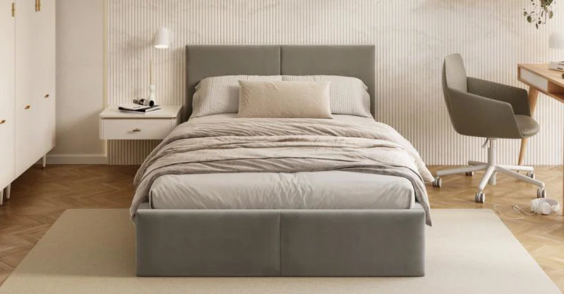 Čalúnená posteľ AMBER 90x200 Sivá Trinity s úložným priestorom a dreveným roštom