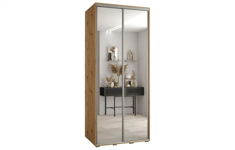Šatníková skriňa s posuvnými zrkadlovými dverami DAVOS 100cm | DUB Artisan / strieborné pojazdy