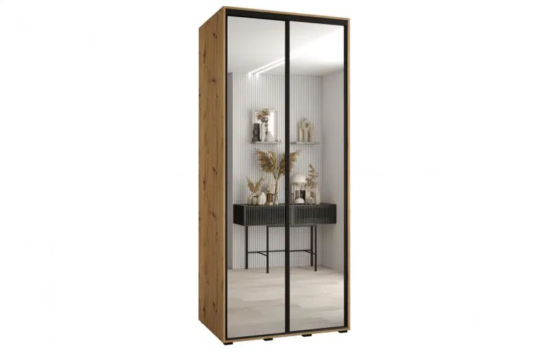 Šatníková skriňa s posuvnými zrkadlovými dverami DAVOS 120cm | DUB Artisan / čierne pojazdy
