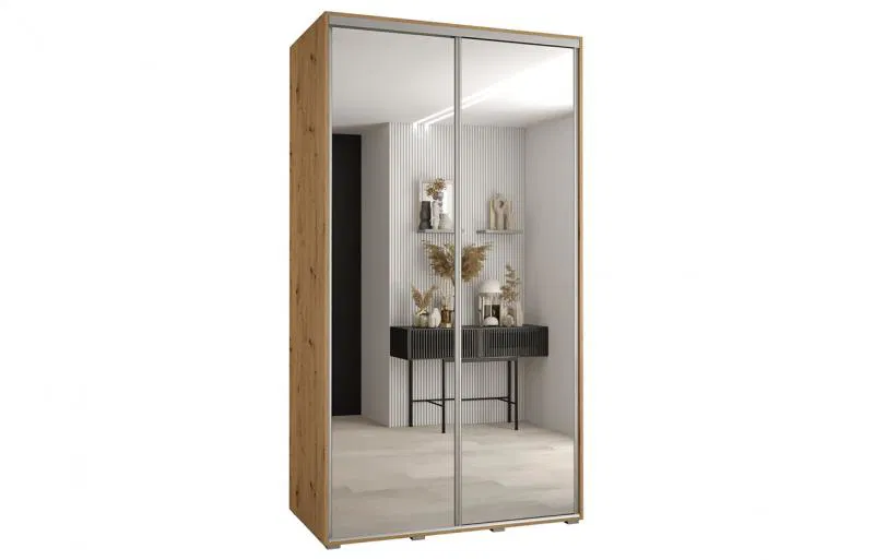 Šatníková skriňa s posuvnými zrkadlovými dverami DAVOS 140cm | DUB Artisan / strieborné pojazdy