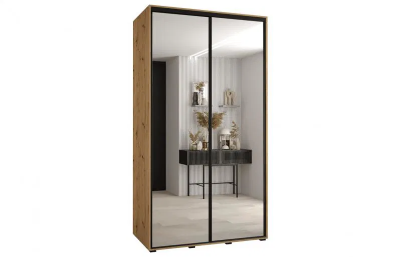 Šatníková skriňa s posuvnými zrkadlovými dverami DAVOS 140cm | DUB Artisan / čierne pojazdy